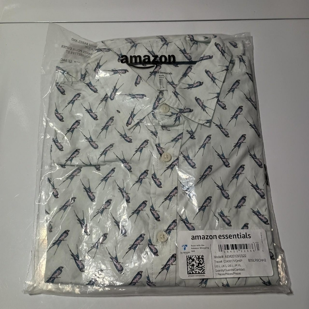 NEW Amazon Essentials Men's Slim-Fit Short-Sleeve Shirt - White with Bird Print
